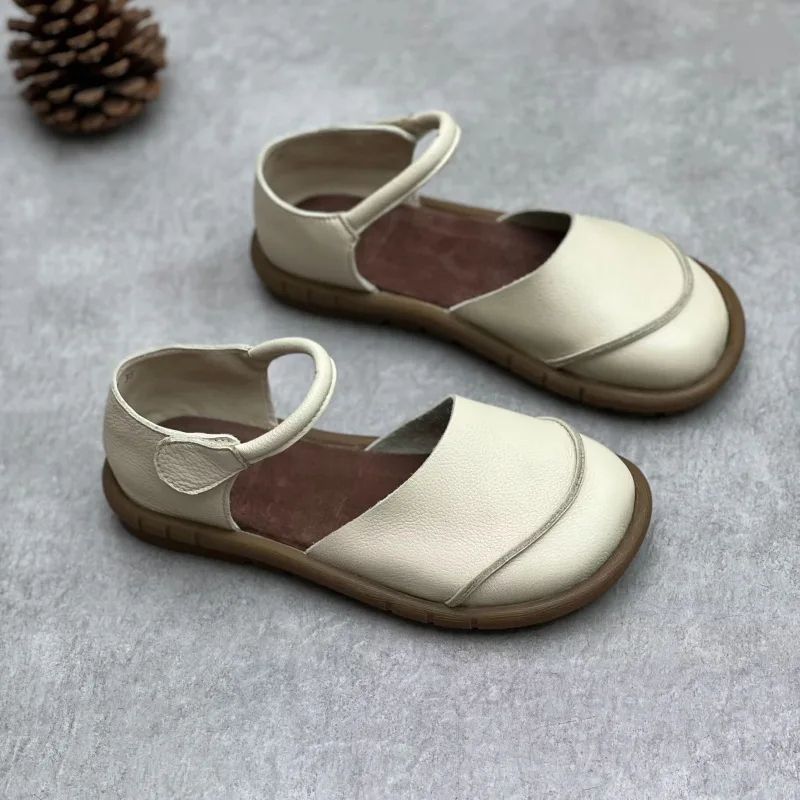 Soft Leather Women's Flat Shoes Retro Handmade Comfortable 2025 Summer Genuine Leather Fashion Black Casual Sandals Ladies