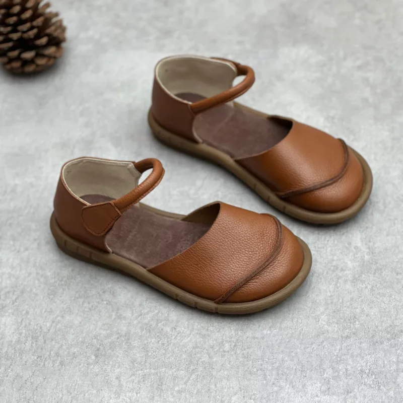 Soft Leather Women's Flat Shoes Retro Handmade Comfortable 2025 Summer Genuine Leather Fashion Black Casual Sandals Ladies