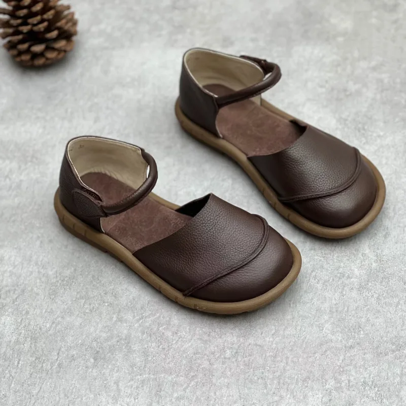 Soft Leather Women's Flat Shoes Retro Handmade Comfortable 2025 Summer Genuine Leather Fashion Black Casual Sandals Ladies