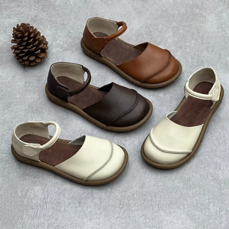 Soft Leather Women's Flat Shoes Retro Handmade Comfortable 2025 Summer Genuine Leather Fashion Black Casual Sandals Ladies