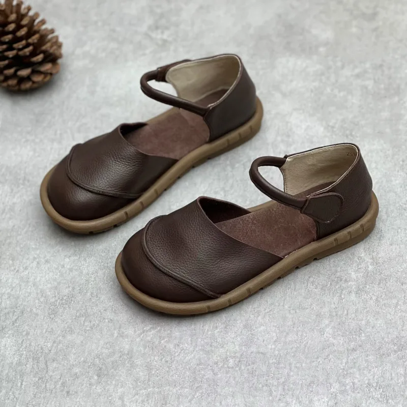 Soft Leather Women's Flat Shoes Retro Handmade Comfortable 2025 Summer Genuine Leather Fashion Black Casual Sandals Ladies