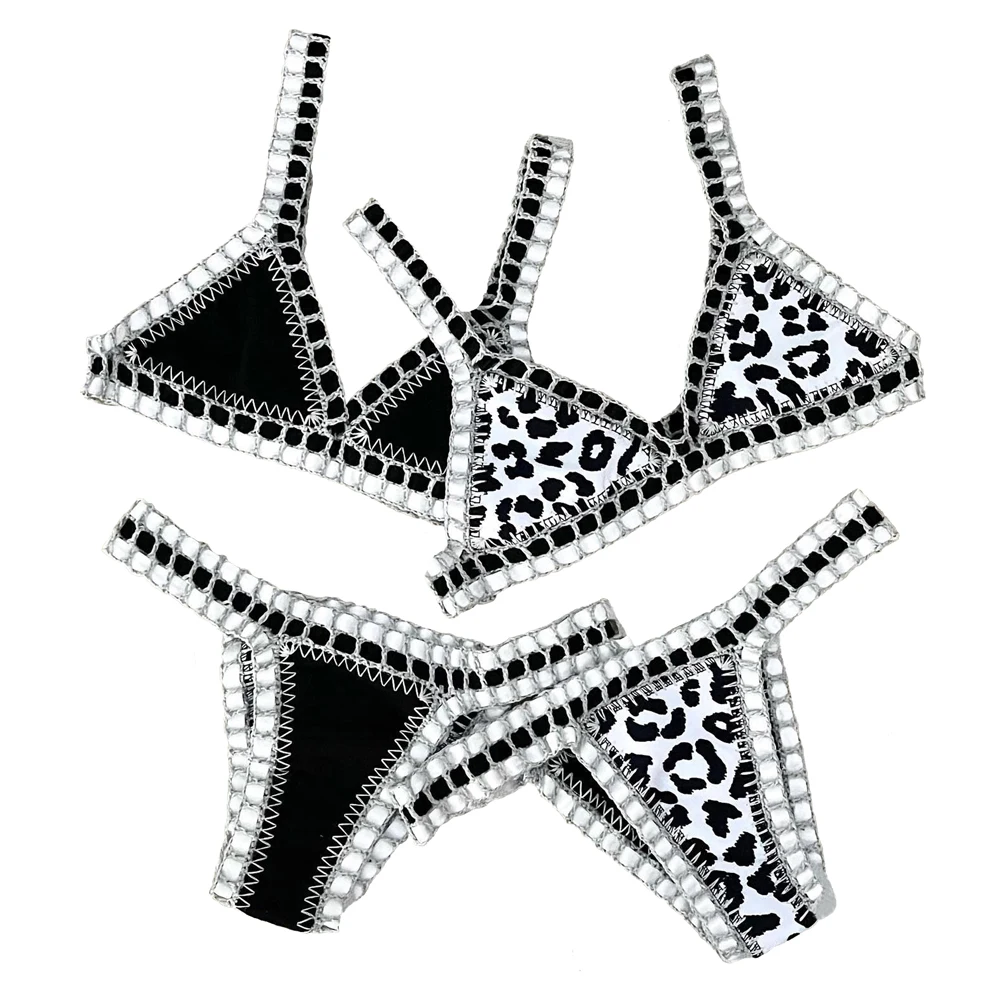 Reversible Leopard Handmade Crochet Bikinis Set Black Poolside Swimwear Blue Paisley Luxury Swimsuit maillot de bain femme