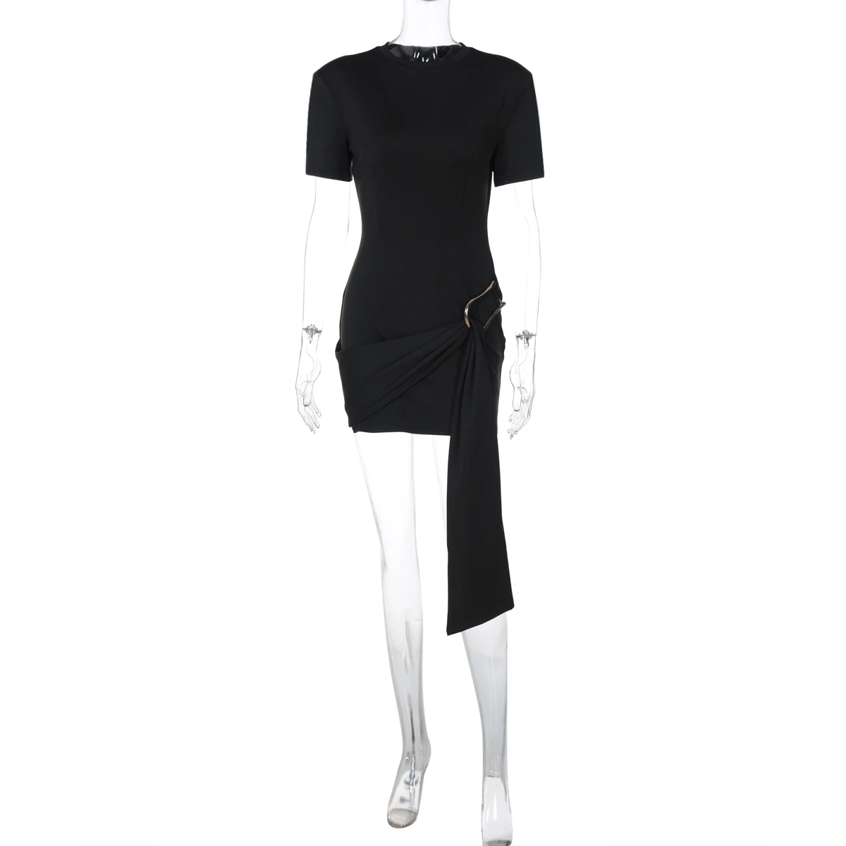 Dulzura O-Neck Short Sleeves Lace Up Bodycon Metal Button Mini Dress Solid Casual Elegant Short Dress Club Streetwear Outfit