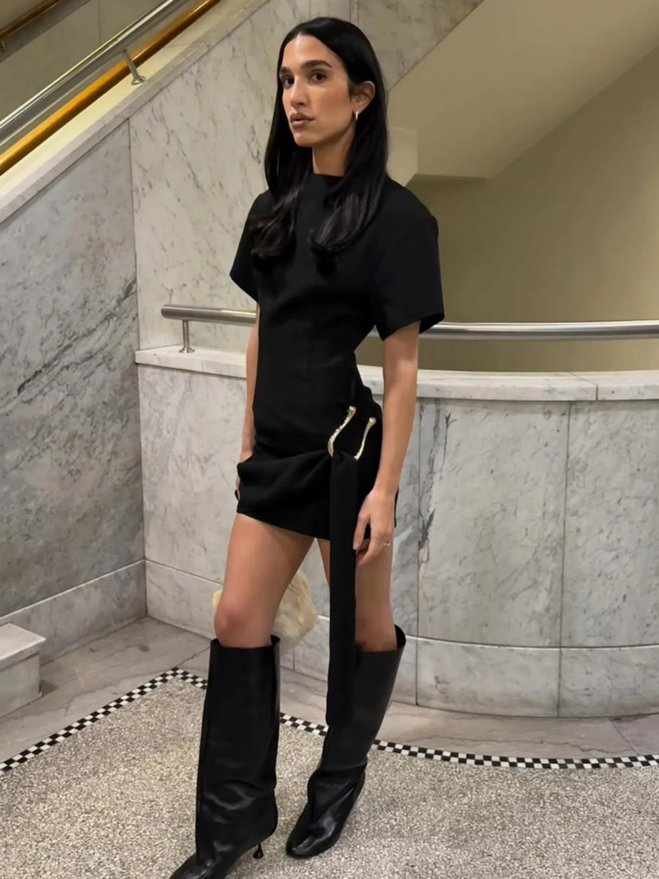 Dulzura O-Neck Short Sleeves Lace Up Bodycon Metal Button Mini Dress Solid Casual Elegant Short Dress Club Streetwear Outfit