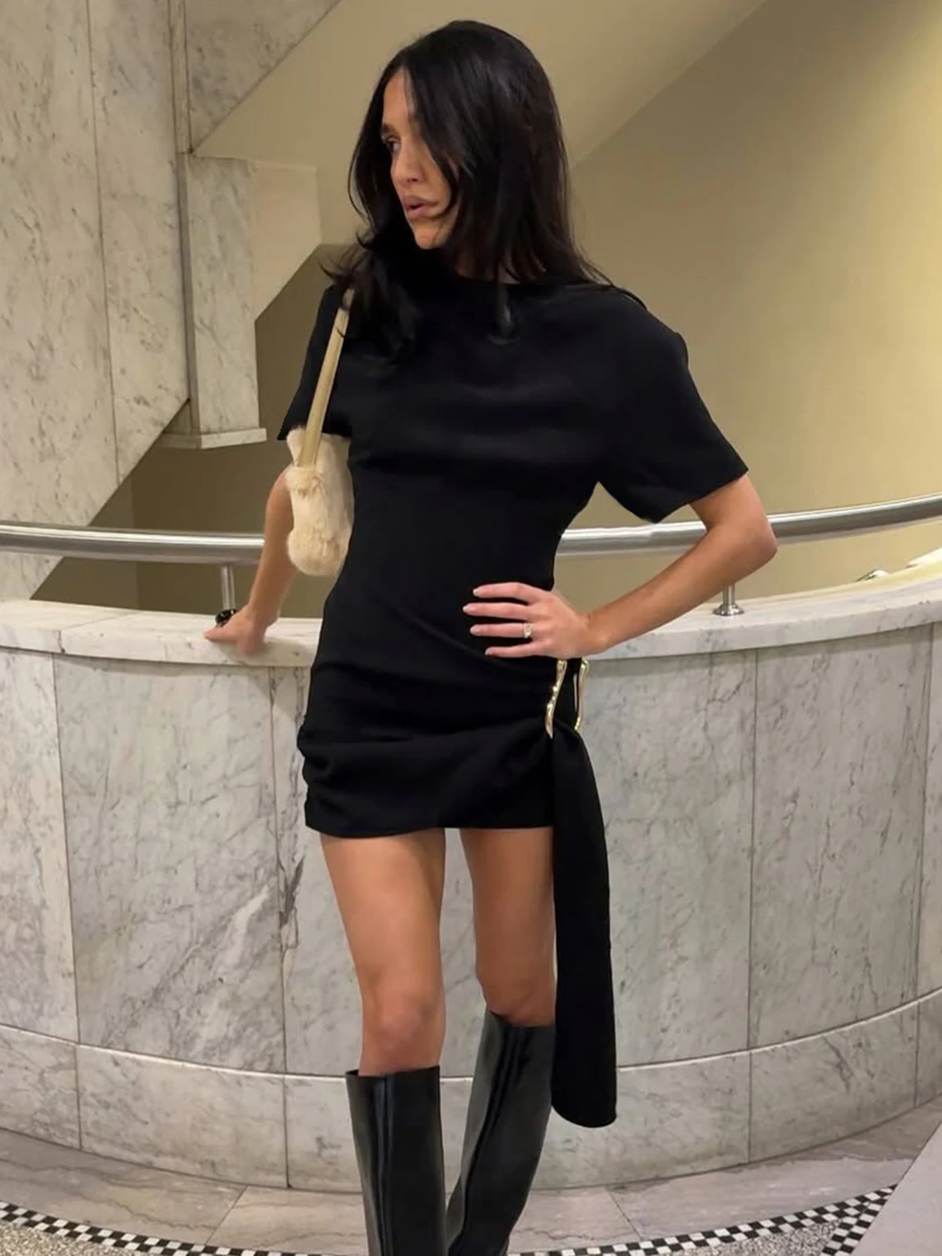 Dulzura O-Neck Short Sleeves Lace Up Bodycon Metal Button Mini Dress Solid Casual Elegant Short Dress Club Streetwear Outfit