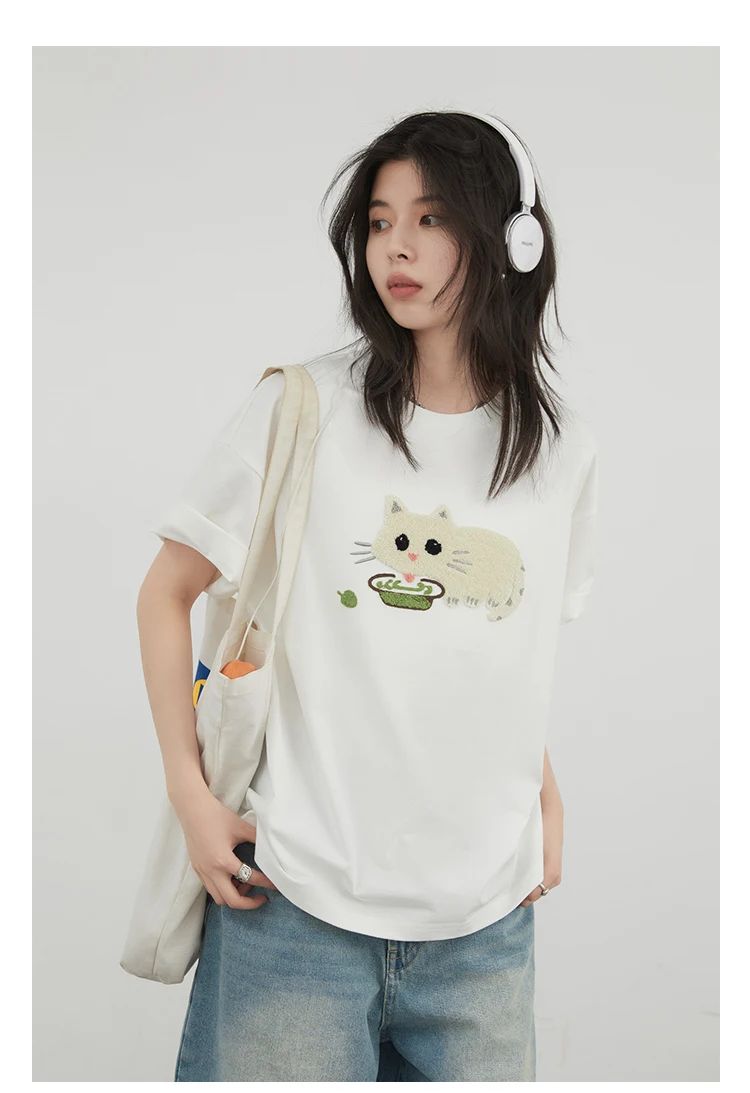CHIC VEN Korean Women T-Shirts O Neck Loose Casual Cat Animal Embroidery Short Sleeved Tees Female Top Spring Summer 2025