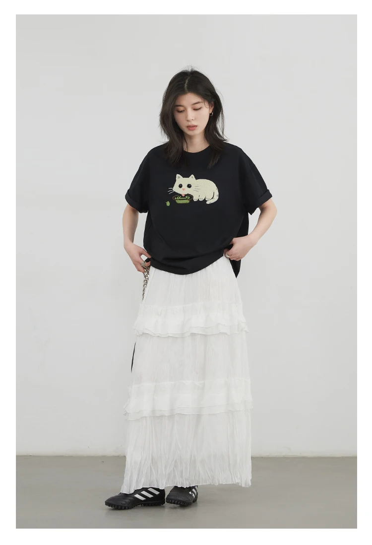 CHIC VEN Korean Women T-Shirts O Neck Loose Casual Cat Animal Embroidery Short Sleeved Tees Female Top Spring Summer 2025