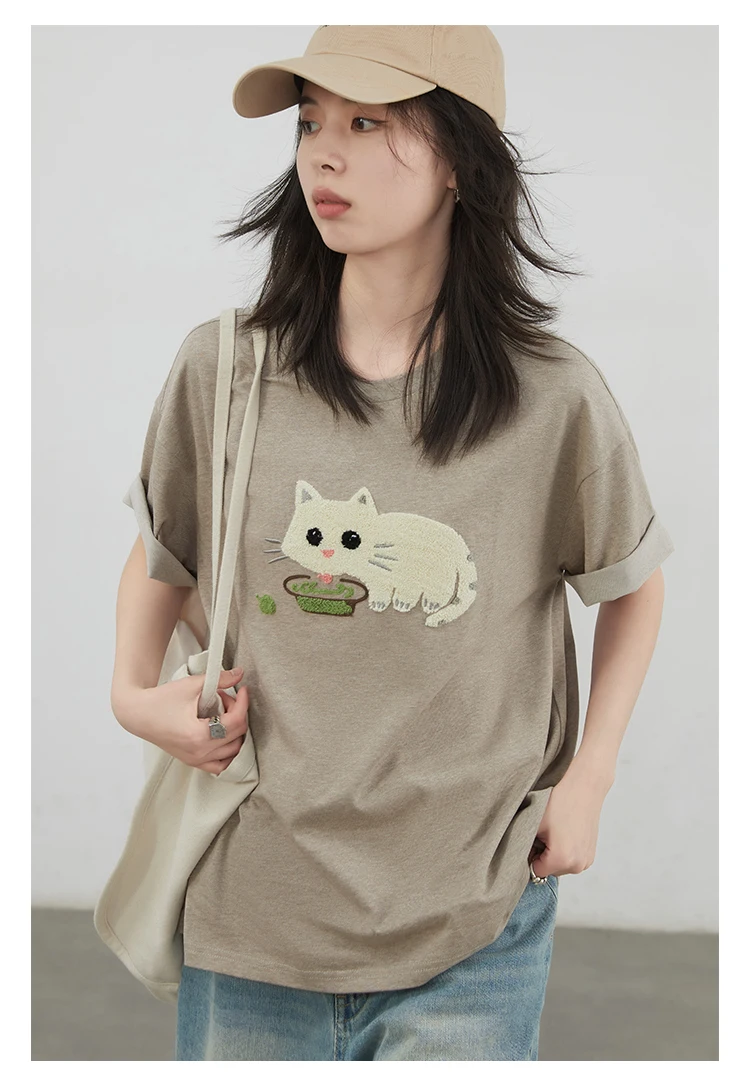 CHIC VEN Korean Women T-Shirts O Neck Loose Casual Cat Animal Embroidery Short Sleeved Tees Female Top Spring Summer 2025