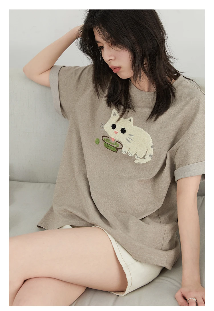 CHIC VEN Korean Women T-Shirts O Neck Loose Casual Cat Animal Embroidery Short Sleeved Tees Female Top Spring Summer 2025