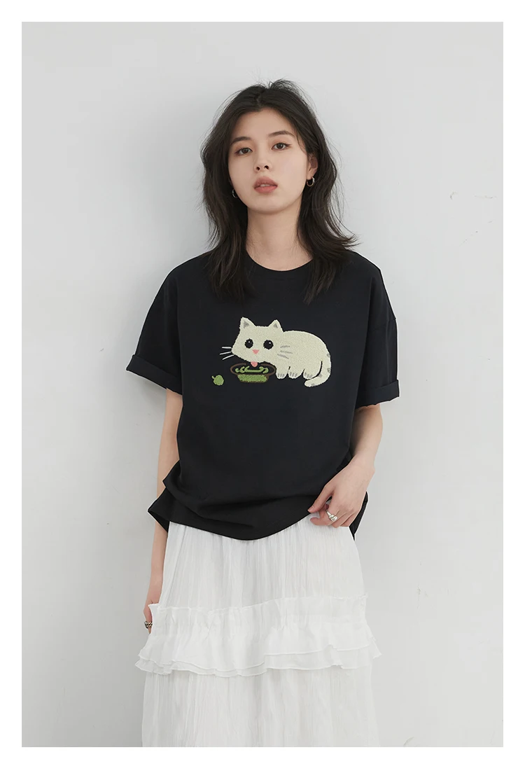 CHIC VEN Korean Women T-Shirts O Neck Loose Casual Cat Animal Embroidery Short Sleeved Tees Female Top Spring Summer 2025