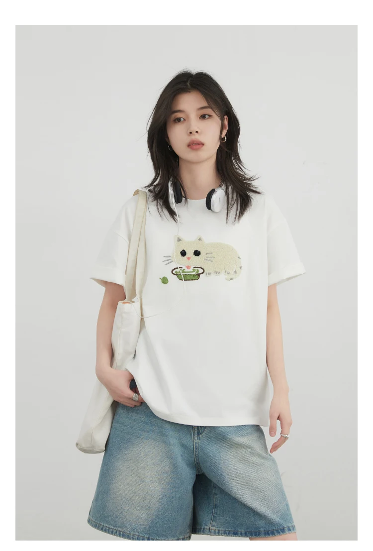 CHIC VEN Korean Women T-Shirts O Neck Loose Casual Cat Animal Embroidery Short Sleeved Tees Female Top Spring Summer 2025
