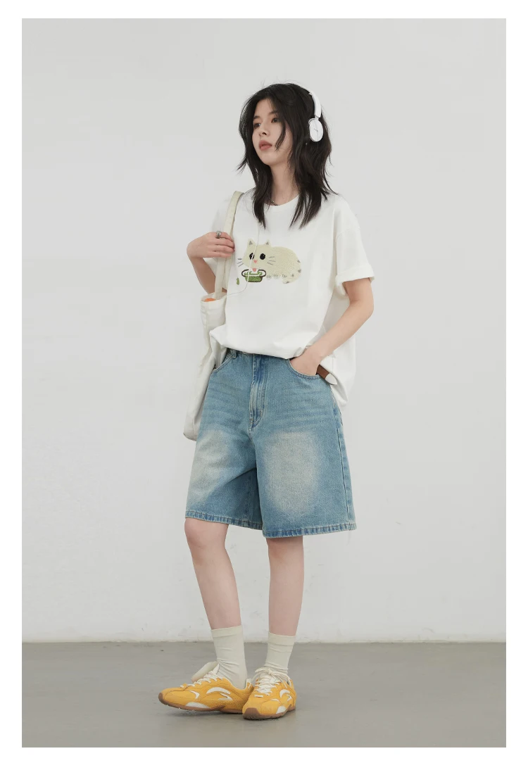 CHIC VEN Korean Women T-Shirts O Neck Loose Casual Cat Animal Embroidery Short Sleeved Tees Female Top Spring Summer 2025