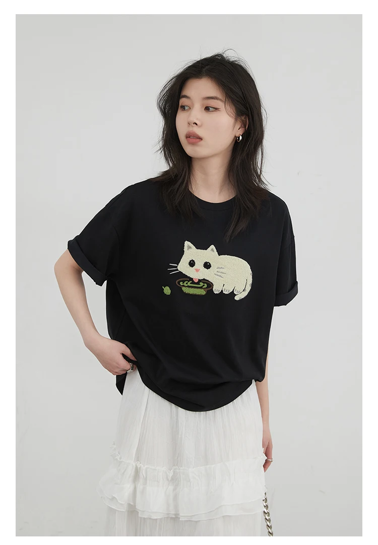 CHIC VEN Korean Women T-Shirts O Neck Loose Casual Cat Animal Embroidery Short Sleeved Tees Female Top Spring Summer 2025
