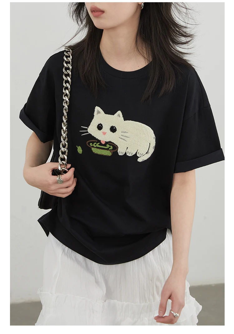 CHIC VEN Korean Women T-Shirts O Neck Loose Casual Cat Animal Embroidery Short Sleeved Tees Female Top Spring Summer 2025