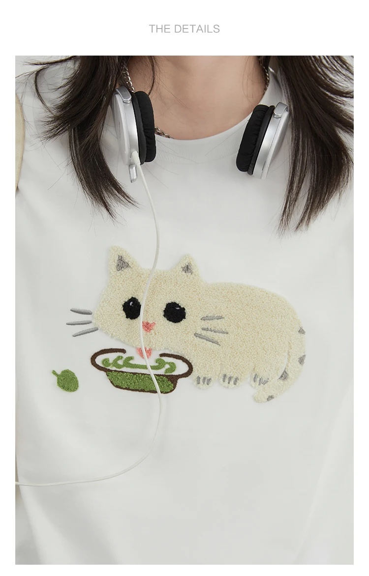 CHIC VEN Korean Women T-Shirts O Neck Loose Casual Cat Animal Embroidery Short Sleeved Tees Female Top Spring Summer 2025