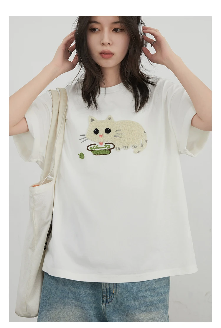 CHIC VEN Korean Women T-Shirts O Neck Loose Casual Cat Animal Embroidery Short Sleeved Tees Female Top Spring Summer 2025