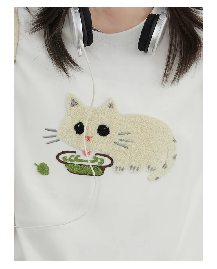 CHIC VEN Korean Women T-Shirts O Neck Loose Casual Cat Animal Embroidery Short Sleeved Tees Female Top Spring Summer 2025