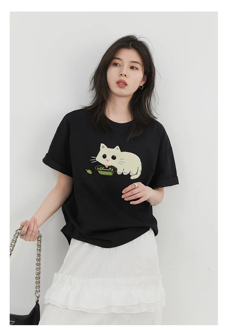 CHIC VEN Korean Women T-Shirts O Neck Loose Casual Cat Animal Embroidery Short Sleeved Tees Female Top Spring Summer 2025