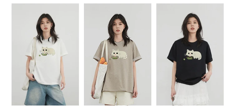 CHIC VEN Korean Women T-Shirts O Neck Loose Casual Cat Animal Embroidery Short Sleeved Tees Female Top Spring Summer 2025