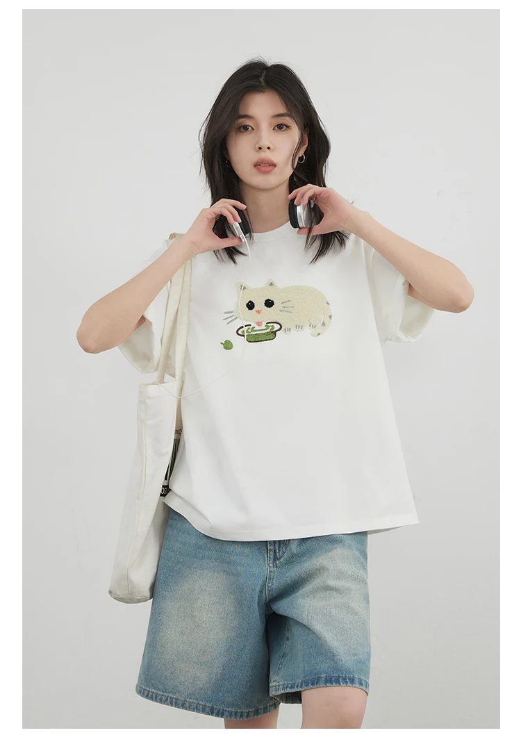 CHIC VEN Korean Women T-Shirts O Neck Loose Casual Cat Animal Embroidery Short Sleeved Tees Female Top Spring Summer 2025