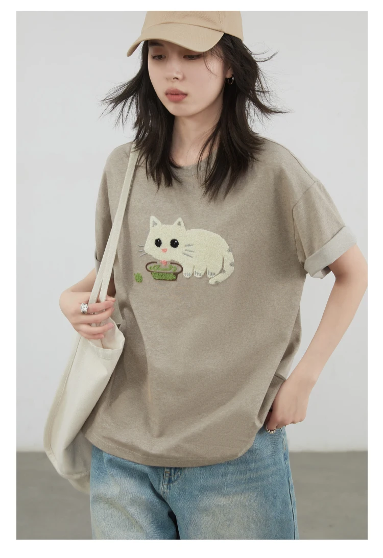 CHIC VEN Korean Women T-Shirts O Neck Loose Casual Cat Animal Embroidery Short Sleeved Tees Female Top Spring Summer 2025