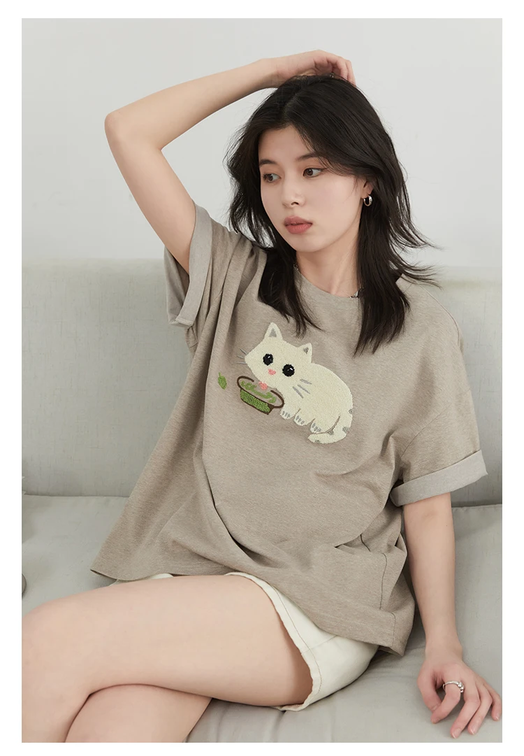CHIC VEN Korean Women T-Shirts O Neck Loose Casual Cat Animal Embroidery Short Sleeved Tees Female Top Spring Summer 2025