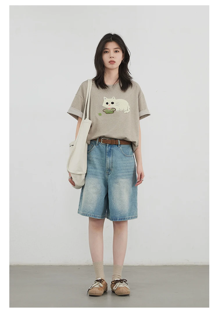 CHIC VEN Korean Women T-Shirts O Neck Loose Casual Cat Animal Embroidery Short Sleeved Tees Female Top Spring Summer 2025