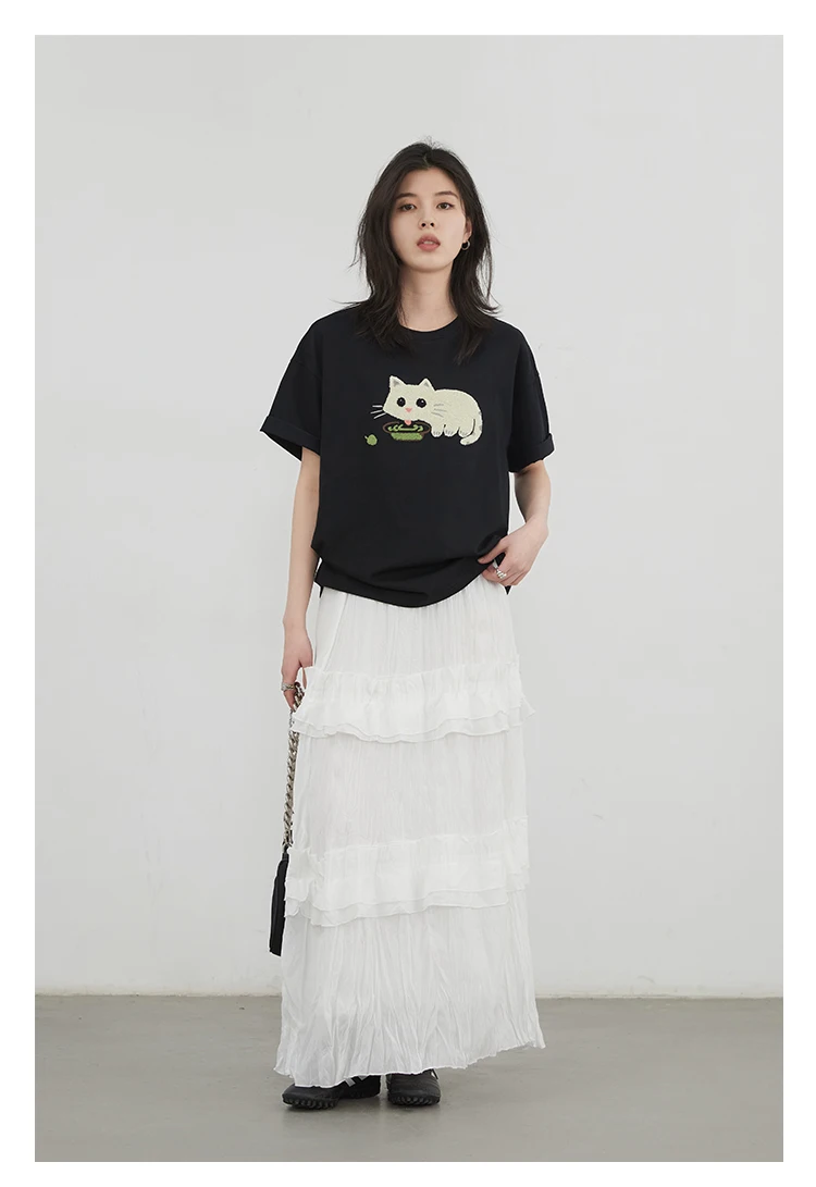 CHIC VEN Korean Women T-Shirts O Neck Loose Casual Cat Animal Embroidery Short Sleeved Tees Female Top Spring Summer 2025