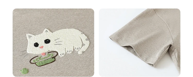 CHIC VEN Korean Women T-Shirts O Neck Loose Casual Cat Animal Embroidery Short Sleeved Tees Female Top Spring Summer 2025