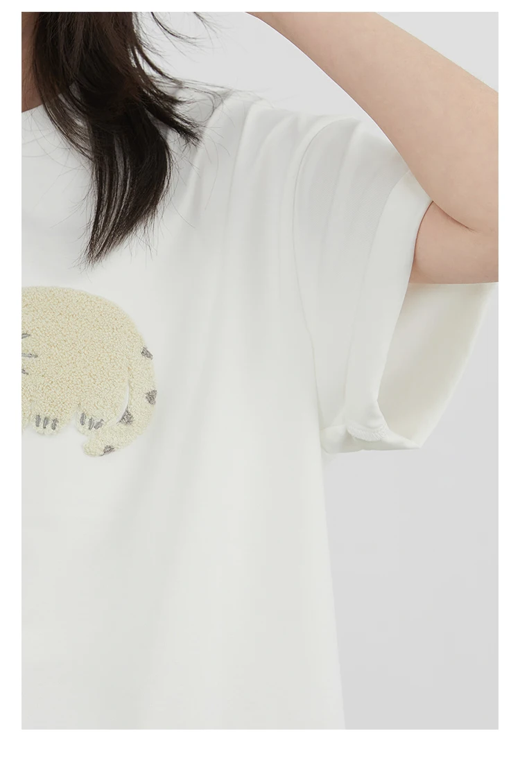 CHIC VEN Korean Women T-Shirts O Neck Loose Casual Cat Animal Embroidery Short Sleeved Tees Female Top Spring Summer 2025