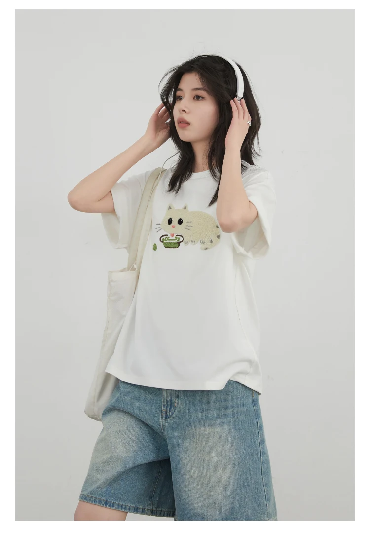 CHIC VEN Korean Women T-Shirts O Neck Loose Casual Cat Animal Embroidery Short Sleeved Tees Female Top Spring Summer 2025