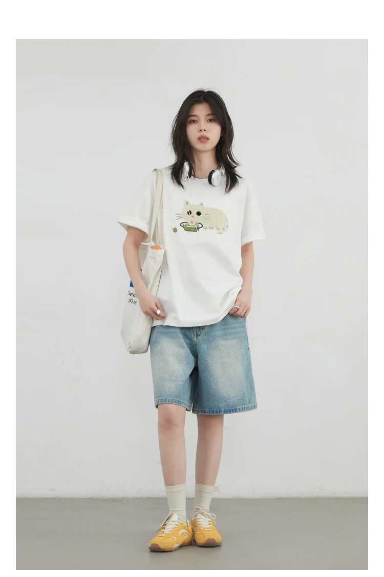 CHIC VEN Korean Women T-Shirts O Neck Loose Casual Cat Animal Embroidery Short Sleeved Tees Female Top Spring Summer 2025