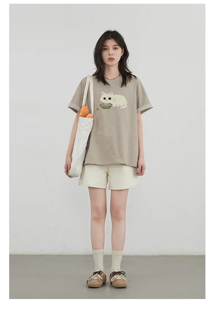 CHIC VEN Korean Women T-Shirts O Neck Loose Casual Cat Animal Embroidery Short Sleeved Tees Female Top Spring Summer 2025