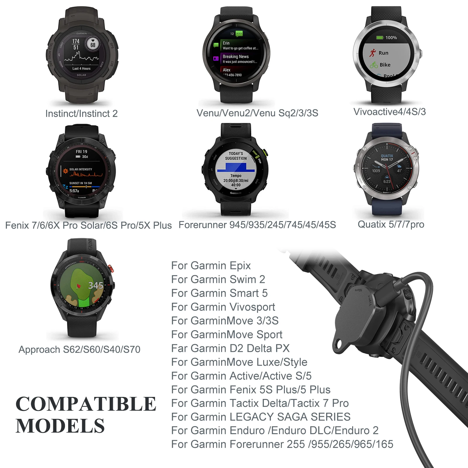2 in 1 Type C/Micro USB Charging Adapter Converter For Garmin Fenix E 8 7 7X 6 6S 5 5X Venu 2S Vivoactive 3 4 Watch Charger Dock