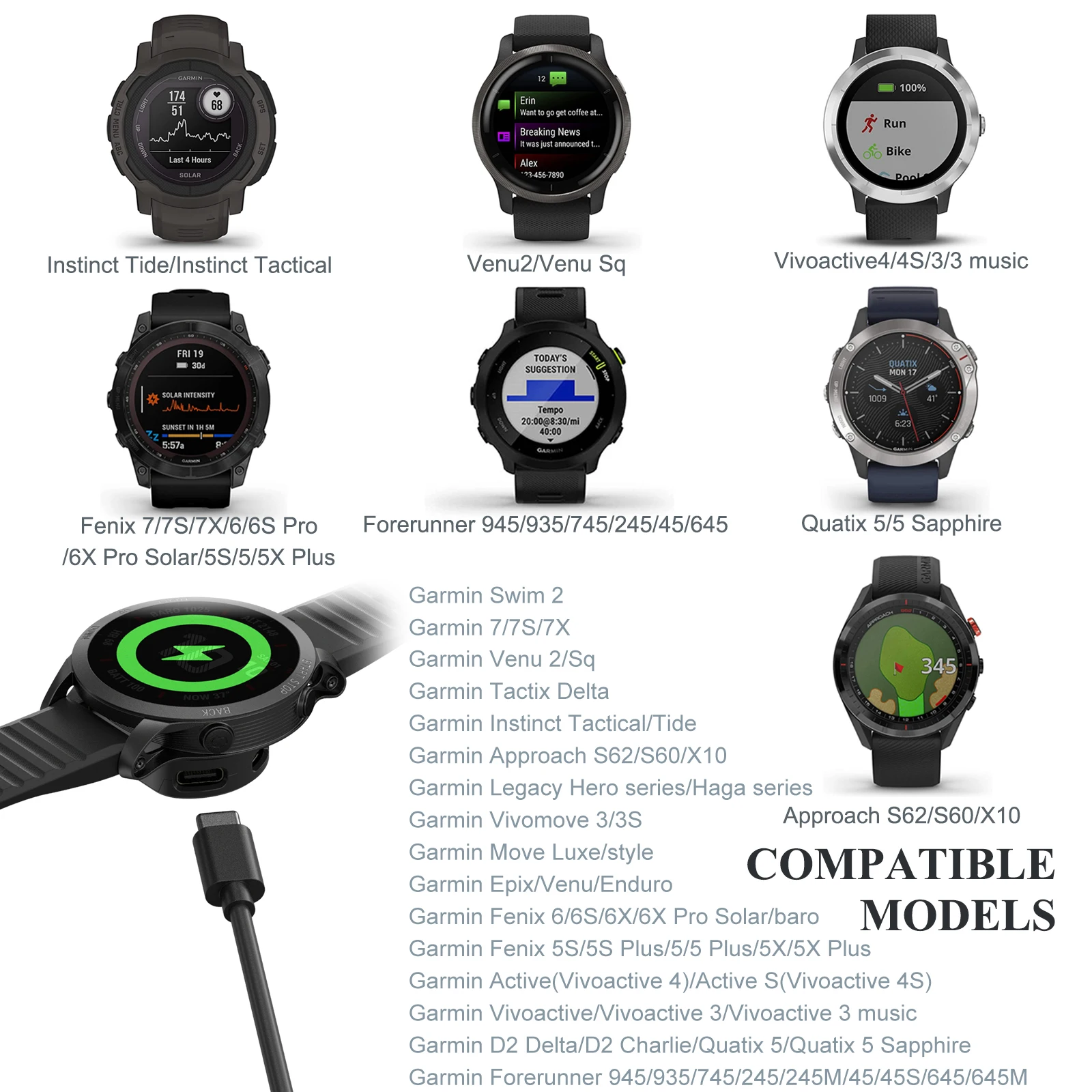 2 in 1 Type C/Micro USB Charging Adapter Converter For Garmin Fenix E 8 7 7X 6 6S 5 5X Venu 2S Vivoactive 3 4 Watch Charger Dock