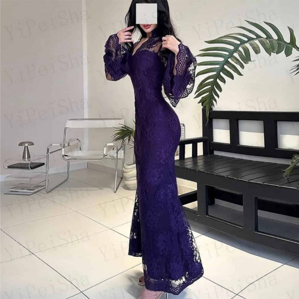 Customized A-Line Prom Dresses Ankle-Lengt V-Neck Full Sleeve Evening Gown Simple Fashion Lace Ruffles Draped Party Dresses