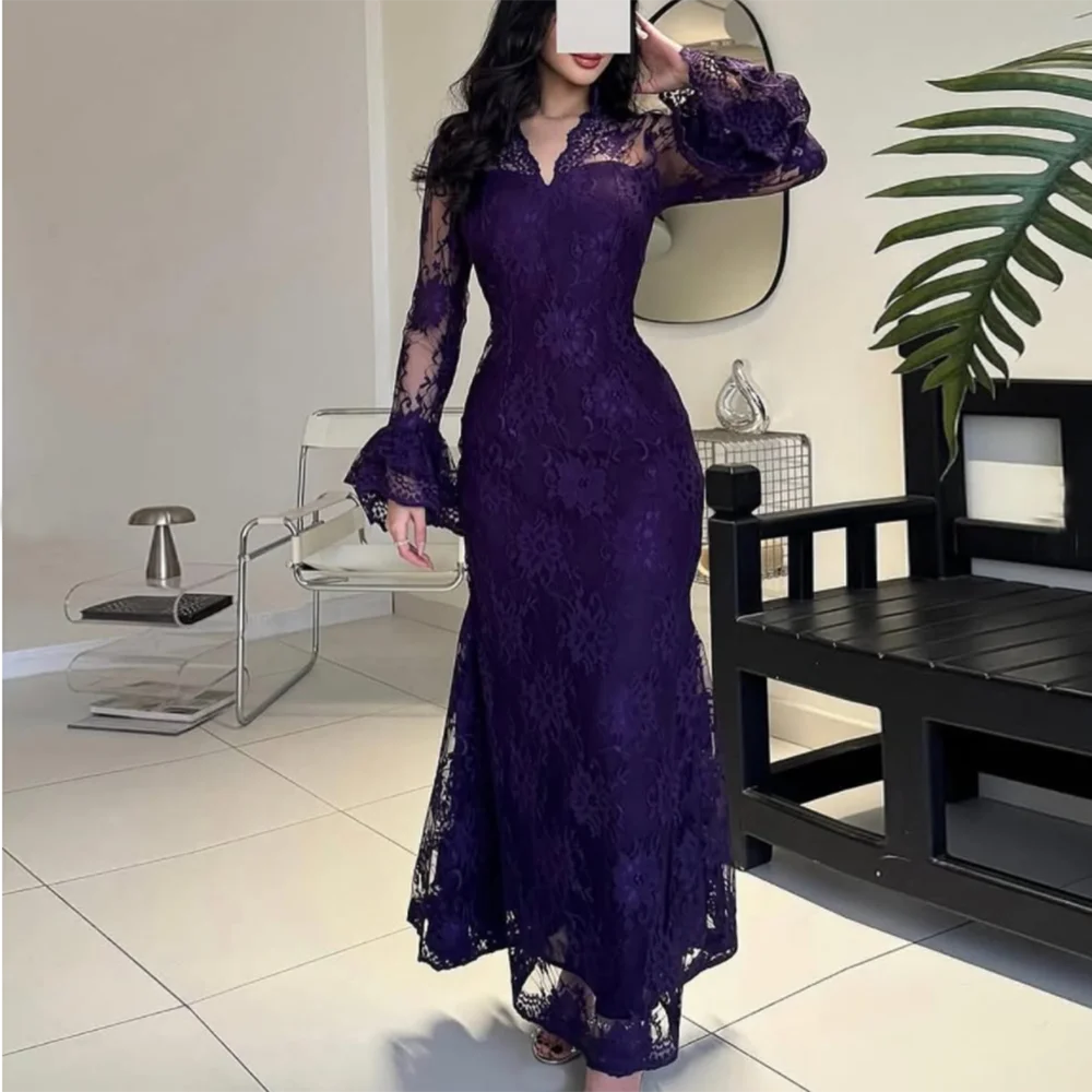 Customized A-Line Prom Dresses Ankle-Lengt V-Neck Full Sleeve Evening Gown Simple Fashion Lace Ruffles Draped Party Dresses