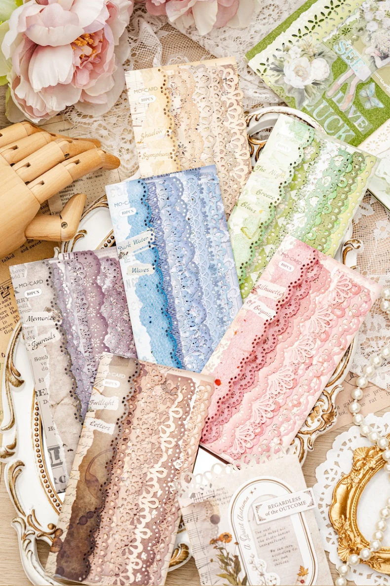 10pcs vintage hollowed lace sticker strip DIY handmade scrapbook decoration diary album frame aesthetic stationery