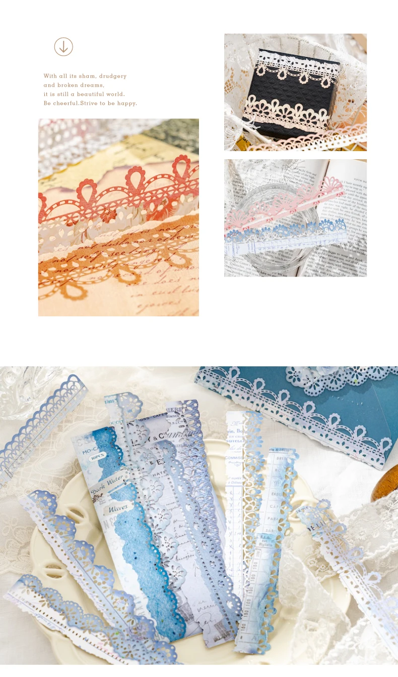 10pcs vintage hollowed lace sticker strip DIY handmade scrapbook decoration diary album frame aesthetic stationery