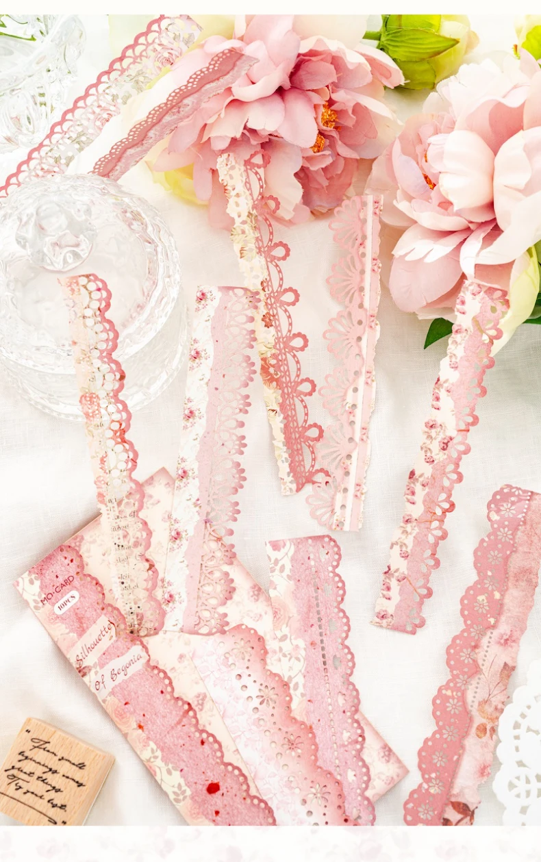10pcs vintage hollowed lace sticker strip DIY handmade scrapbook decoration diary album frame aesthetic stationery