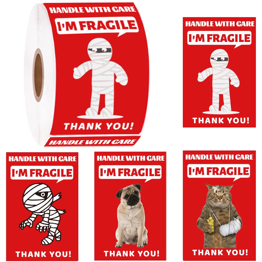 200 PCS Funny Fragile Stickers - 4 Designs (Dog, Cat, Mummy), 3x2 Inches Permanent Adhesive Labels for Shipping, Moving, Glass