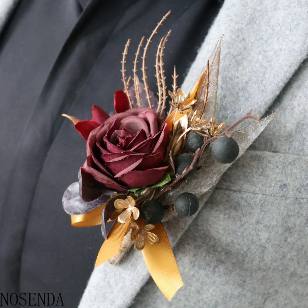 Burgundy Silk Rose Artifical Flowers Men Groom Boutonniere Bridesmaid Wrist Corsage Boutonnière Marriage Decoration