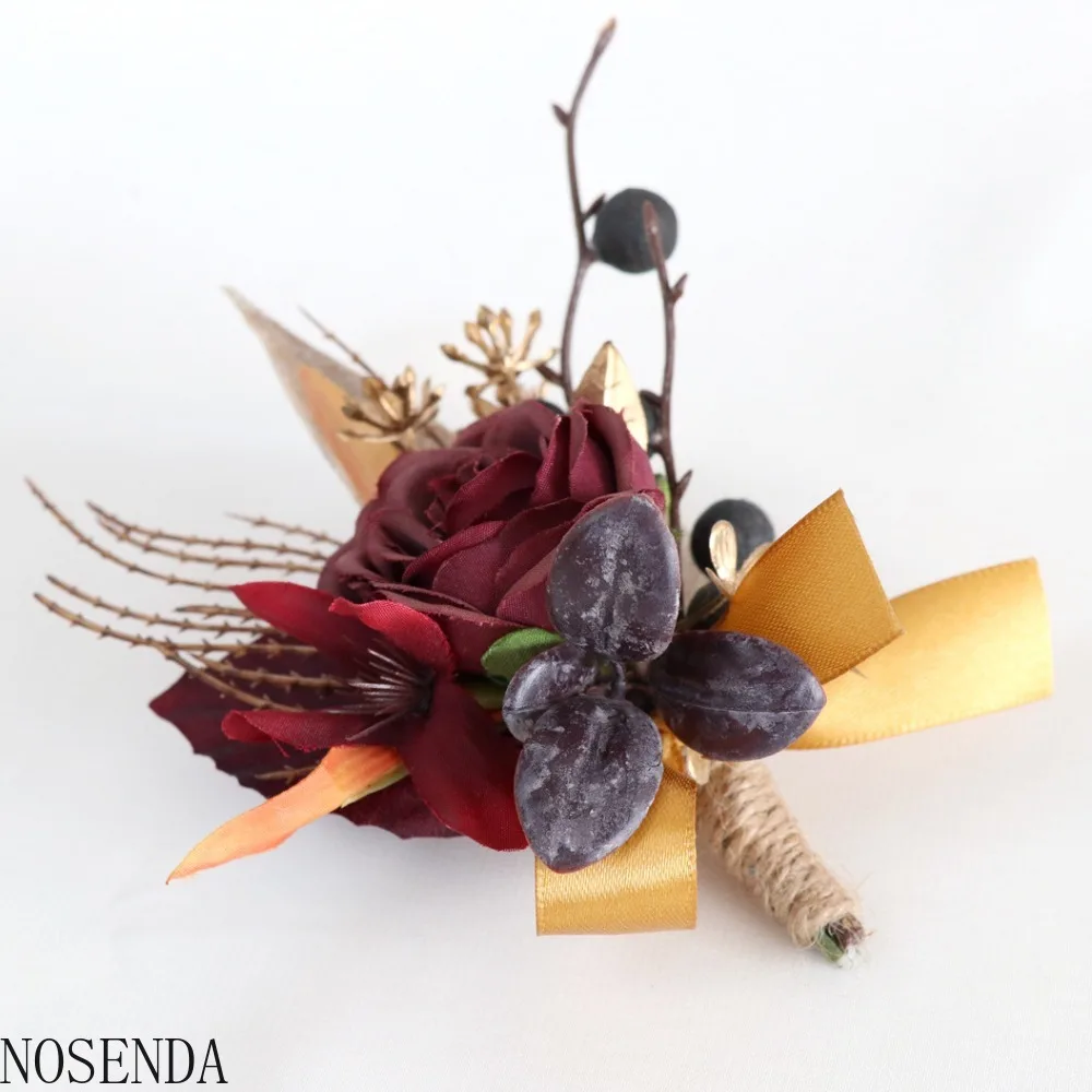 Burgundy Silk Rose Artifical Flowers Men Groom Boutonniere Bridesmaid Wrist Corsage Boutonnière Marriage Decoration