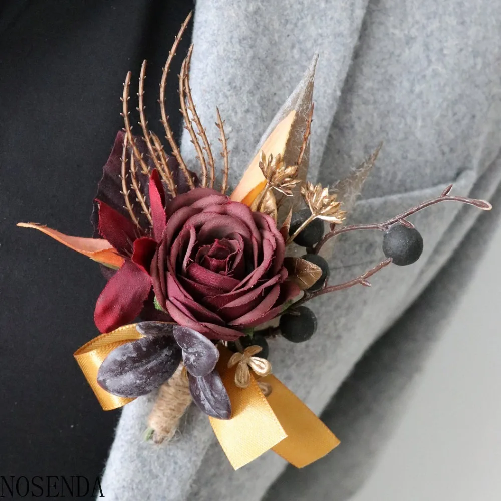 Burgundy Silk Rose Artifical Flowers Men Groom Boutonniere Bridesmaid Wrist Corsage Boutonnière Marriage Decoration