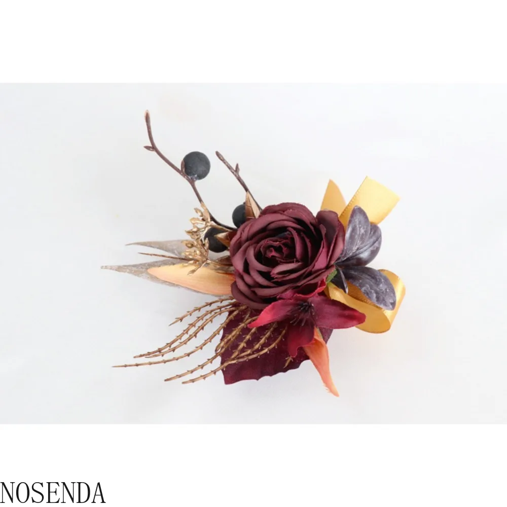 Burgundy Silk Rose Artifical Flowers Men Groom Boutonniere Bridesmaid Wrist Corsage Boutonnière Marriage Decoration