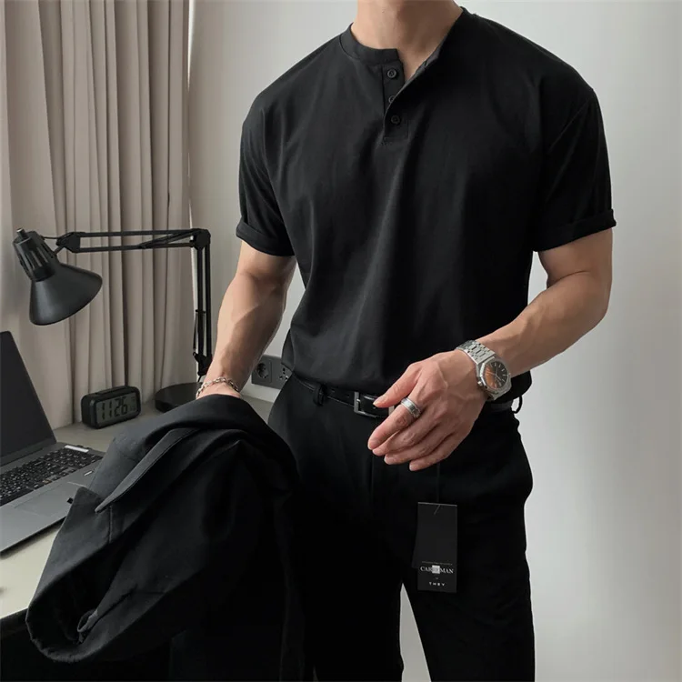 Summer Men‘s Short Sleeve Henley Neck T Shirts American Retro Casual Beach T-shirts Loose High-Quality Fitness Sports Shirt Tops