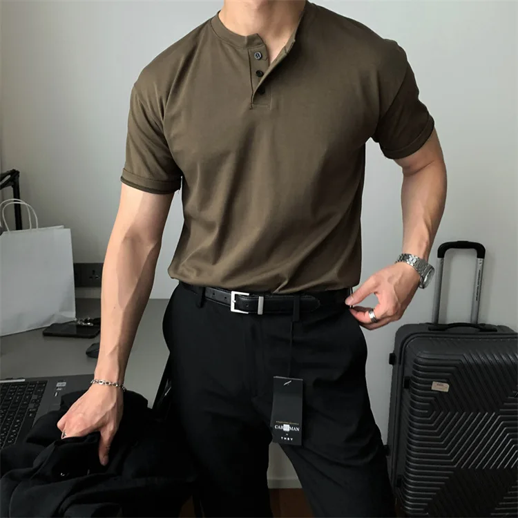 Summer Men‘s Short Sleeve Henley Neck T Shirts American Retro Casual Beach T-shirts Loose High-Quality Fitness Sports Shirt Tops