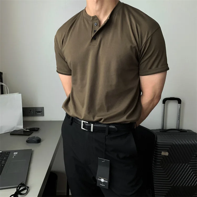 Summer Men‘s Short Sleeve Henley Neck T Shirts American Retro Casual Beach T-shirts Loose High-Quality Fitness Sports Shirt Tops
