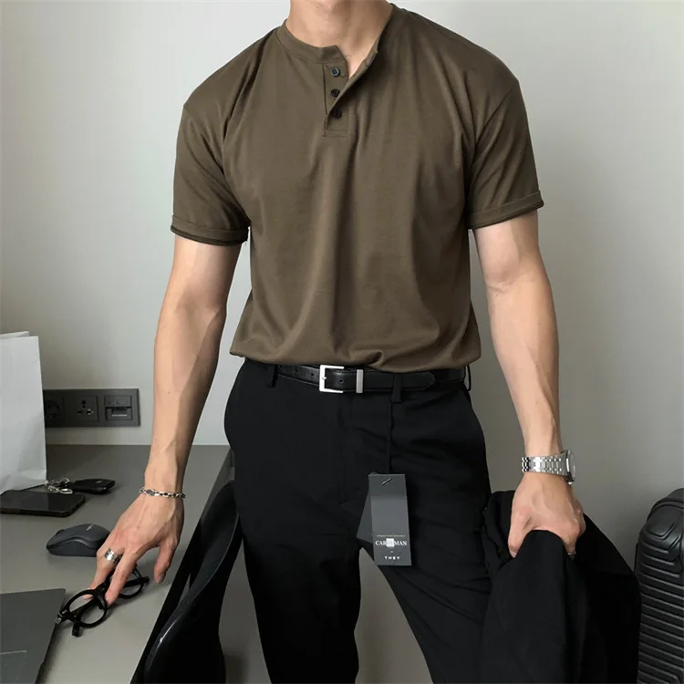 Summer Men‘s Short Sleeve Henley Neck T Shirts American Retro Casual Beach T-shirts Loose High-Quality Fitness Sports Shirt Tops