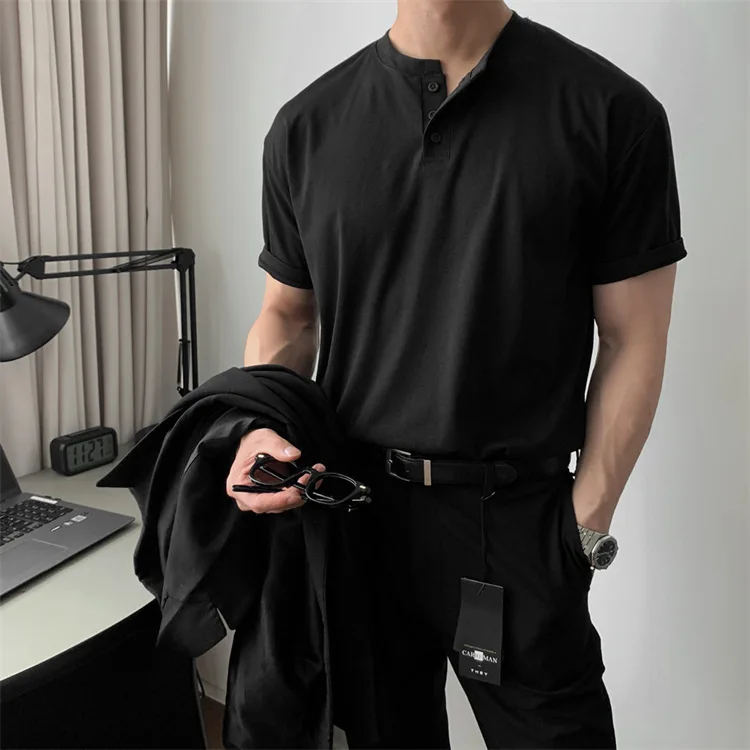 Summer Men‘s Short Sleeve Henley Neck T Shirts American Retro Casual Beach T-shirts Loose High-Quality Fitness Sports Shirt Tops
